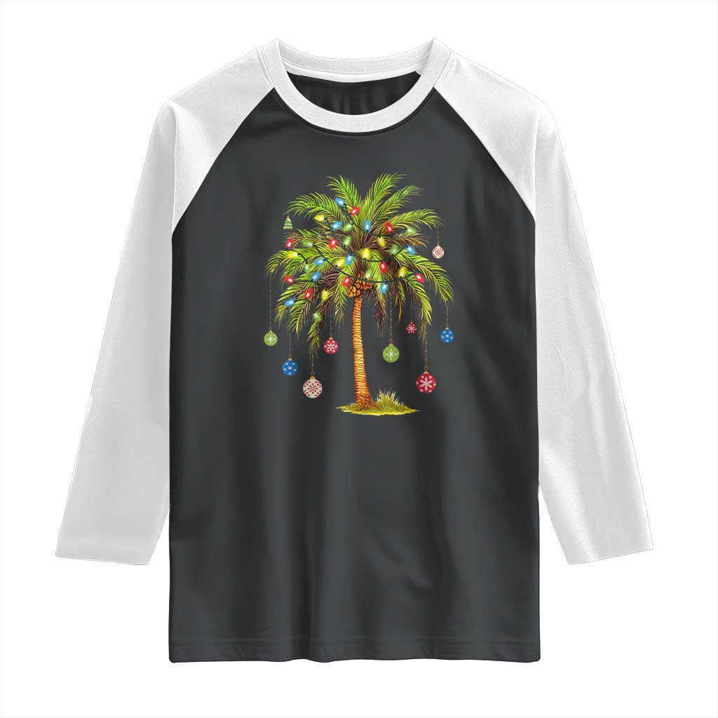 Christmas Palm Tree Raglan Shirt Xmas Lights Tropical Hawaiian Holidays