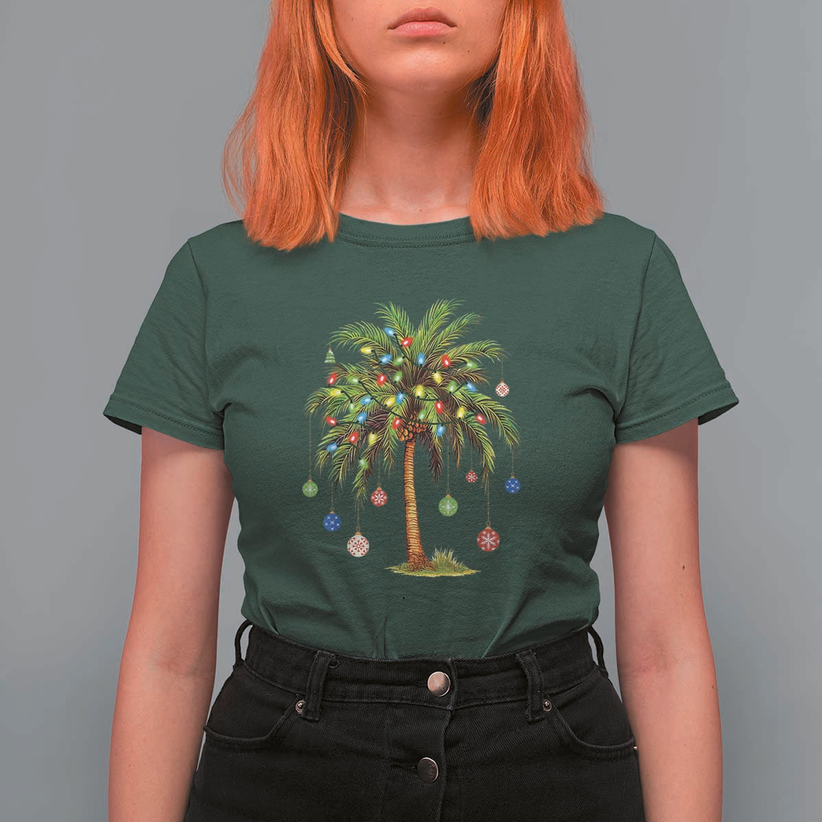 Christmas Palm Tree T Shirt For Women Xmas Lights Tropical Hawaiian Holidays - Wonder Print Shop