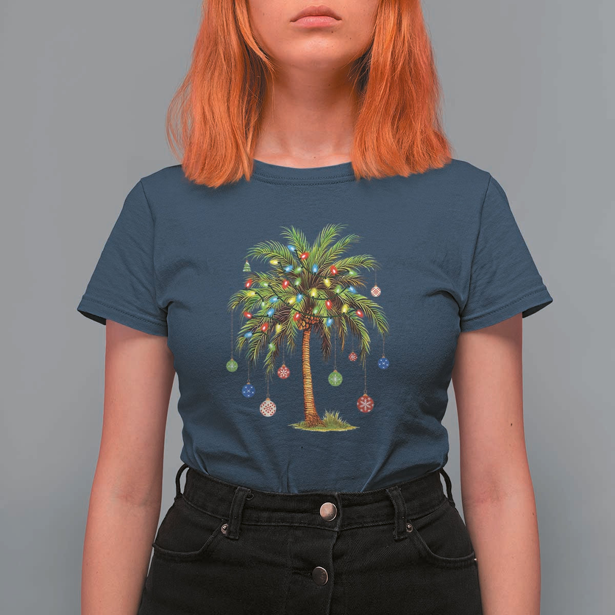 Christmas Palm Tree T Shirt For Women Xmas Lights Tropical Hawaiian Holidays - Wonder Print Shop