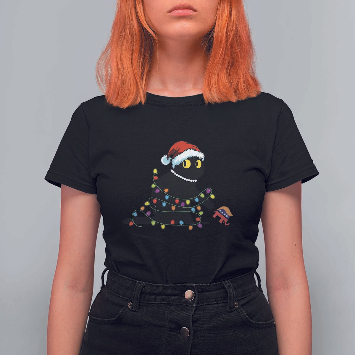 Christmas Black Cat T Shirt For Women Knock Over Elephant Funny Xmas - Wonder Print Shop