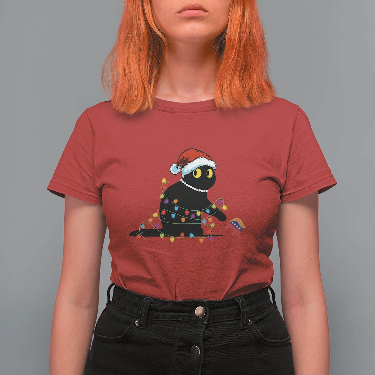 Christmas Black Cat T Shirt For Women Knock Over Elephant Funny Xmas - Wonder Print Shop