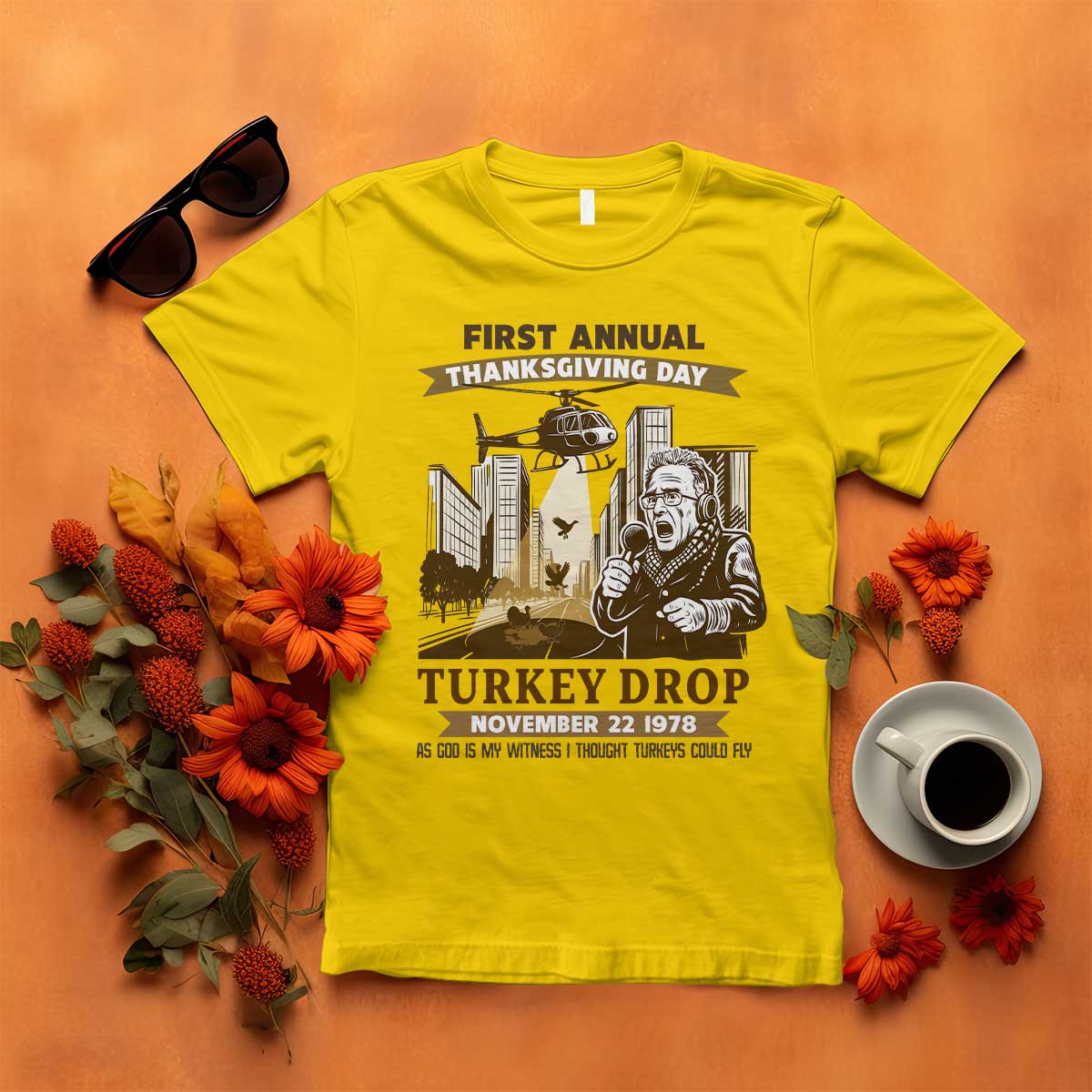 Vintage Thanksgiving Turkey Drop T Shirt Funny 1978 Helicopter Scene Classic TV Moment - Wonder Print Shop