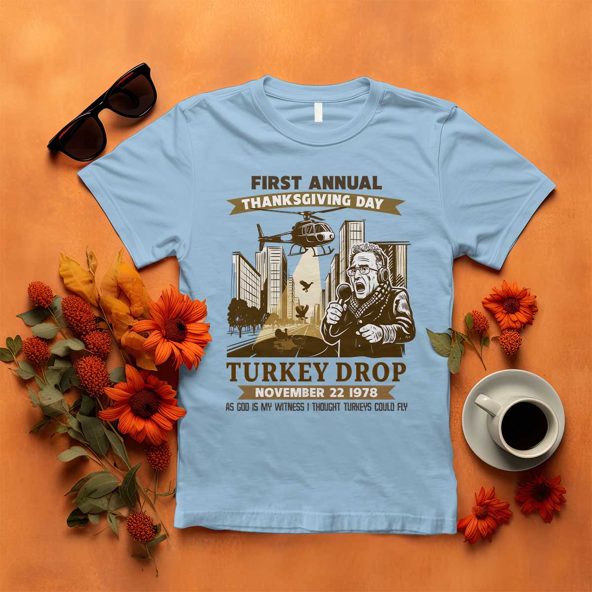 Vintage Thanksgiving Turkey Drop T Shirt Funny 1978 Helicopter Scene Classic TV Moment - Wonder Print Shop