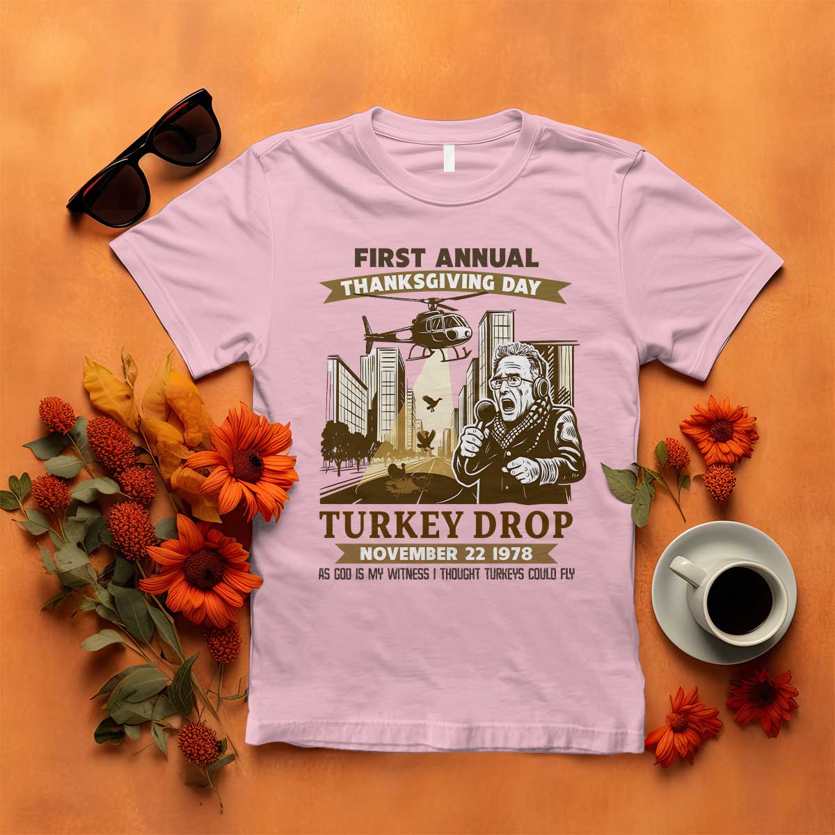 Vintage Thanksgiving Turkey Drop T Shirt Funny 1978 Helicopter Scene Classic TV Moment - Wonder Print Shop