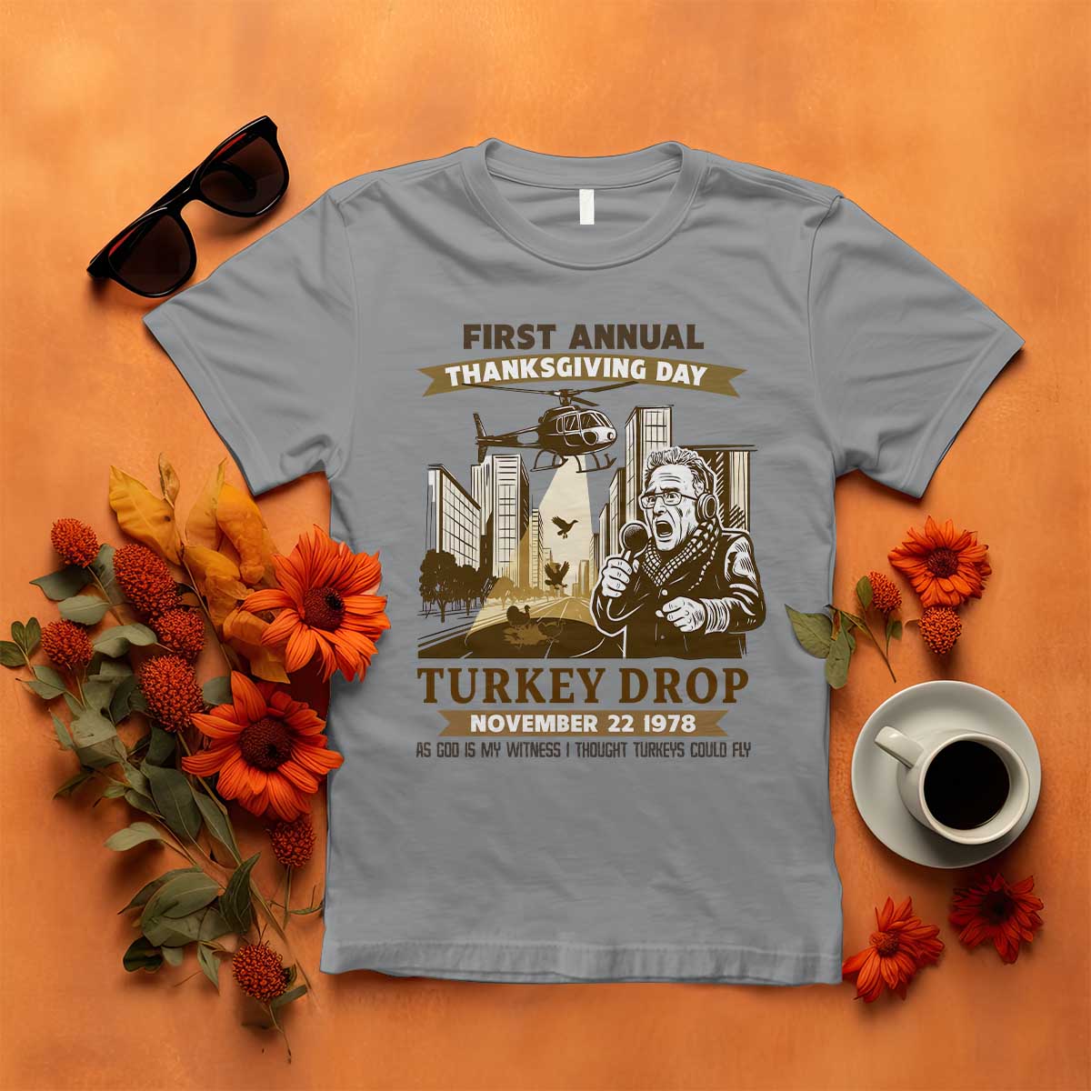 Vintage Thanksgiving Turkey Drop T Shirt Funny 1978 Helicopter Scene Classic TV Moment - Wonder Print Shop