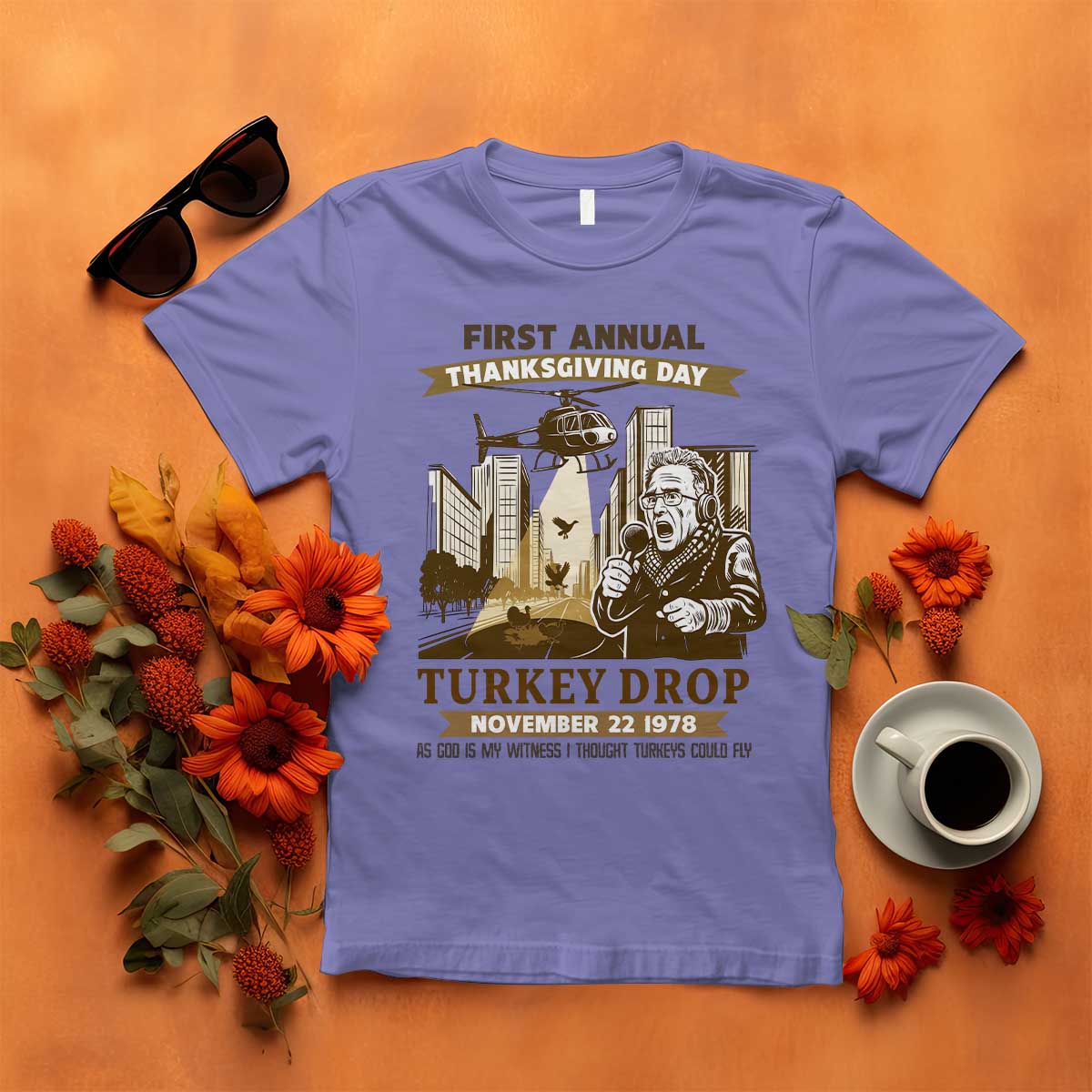 Vintage Thanksgiving Turkey Drop T Shirt Funny 1978 Helicopter Scene Classic TV Moment - Wonder Print Shop