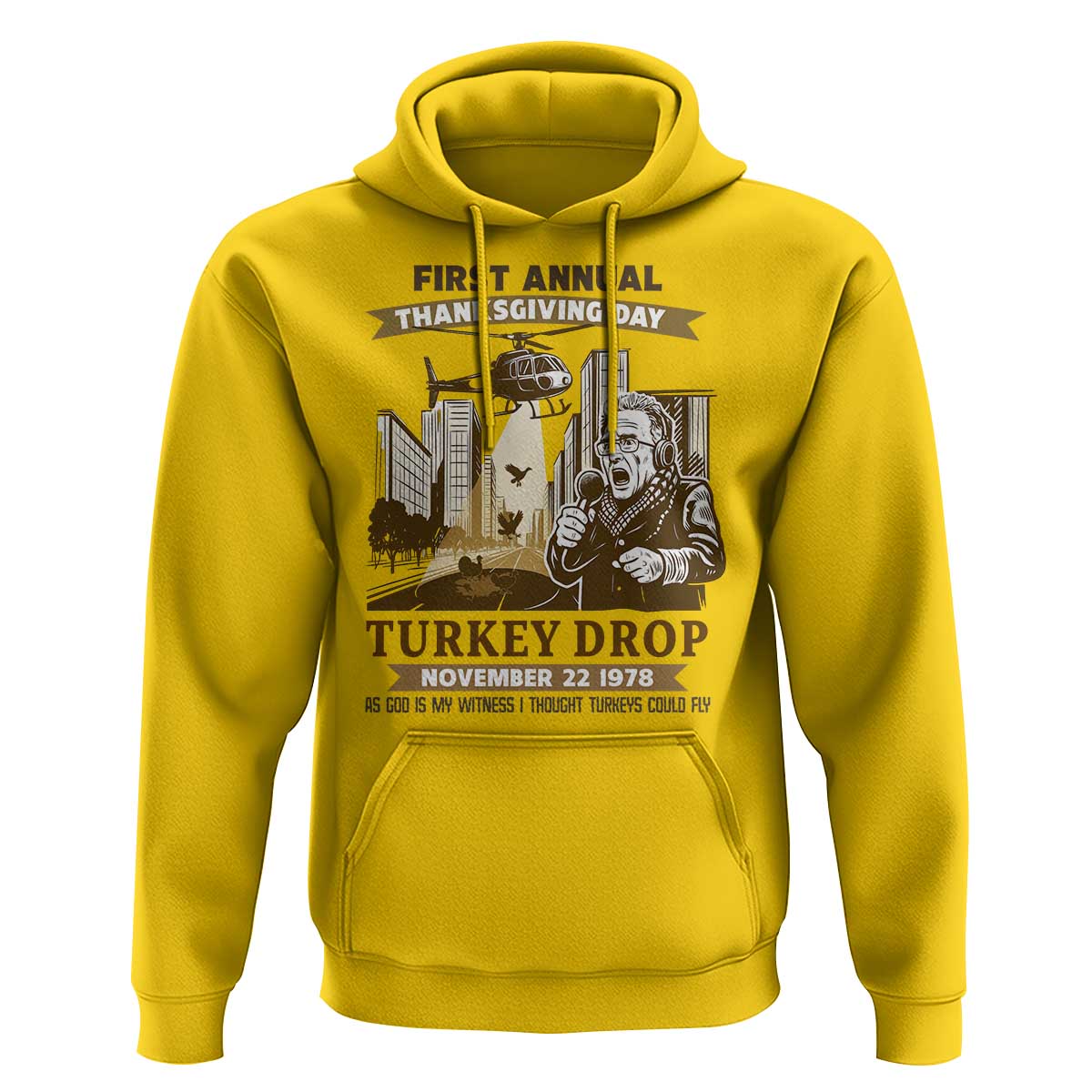 Vintage Thanksgiving Turkey Drop Hoodie Funny 1978 Helicopter Scene Classic TV Moment - Wonder Print Shop