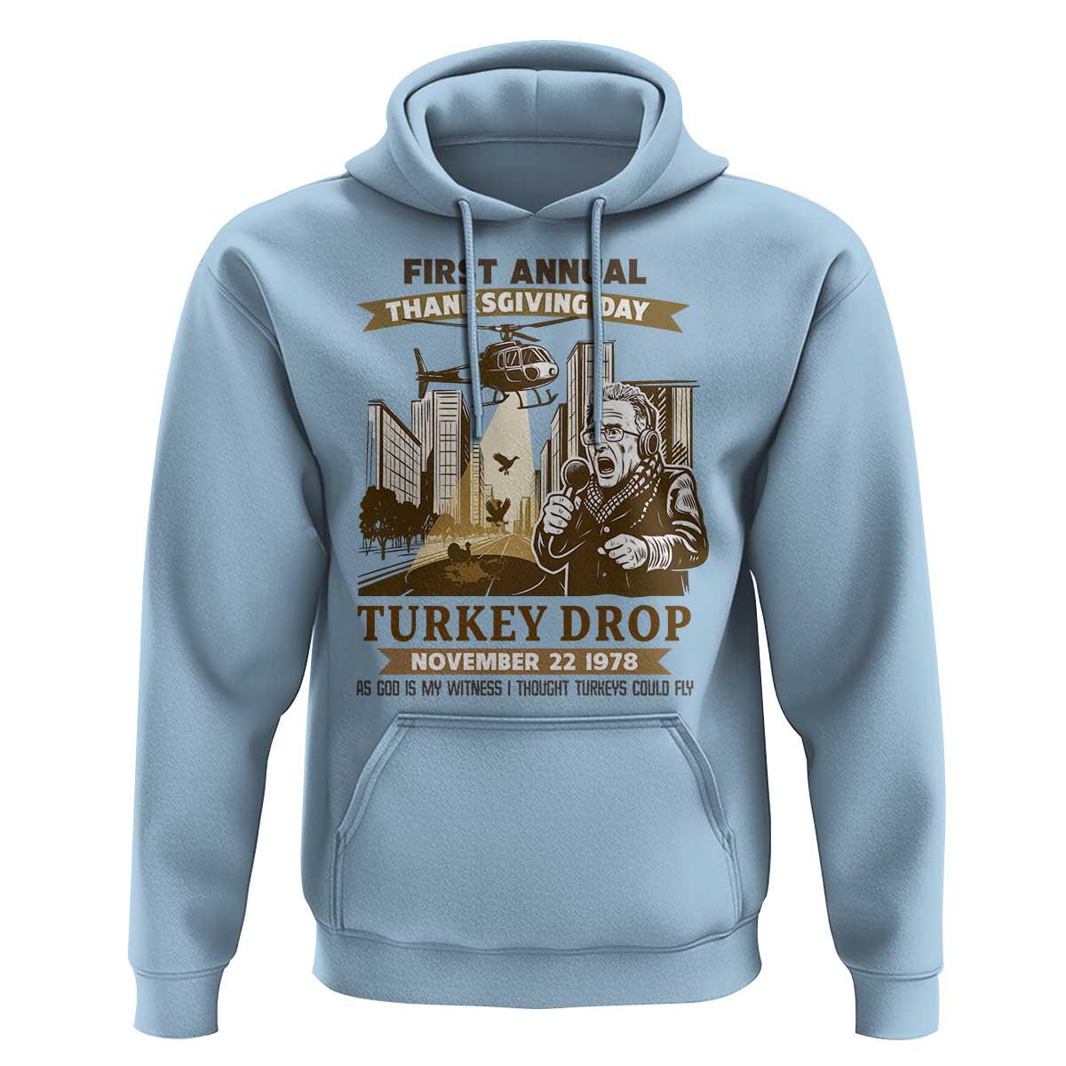 Vintage Thanksgiving Turkey Drop Hoodie Funny 1978 Helicopter Scene Classic TV Moment - Wonder Print Shop