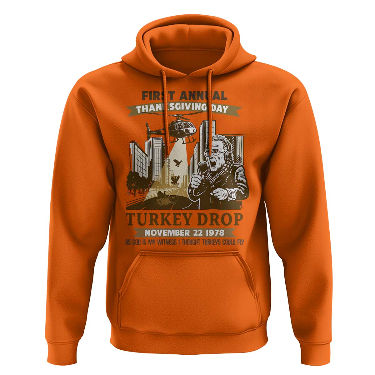 Vintage Thanksgiving Turkey Drop Hoodie Funny 1978 Helicopter Scene Classic TV Moment - Wonder Print Shop
