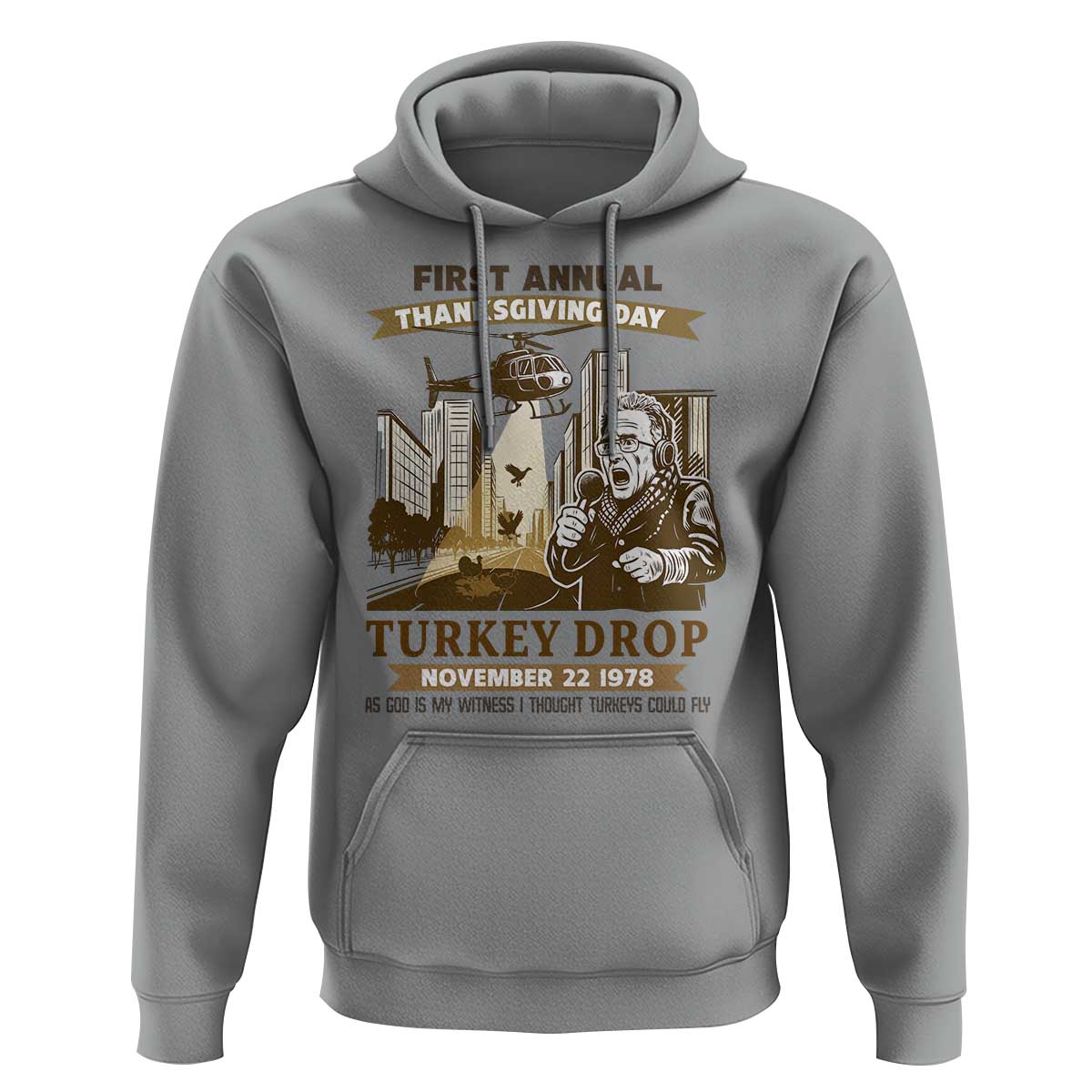 Vintage Thanksgiving Turkey Drop Hoodie Funny 1978 Helicopter Scene Classic TV Moment - Wonder Print Shop