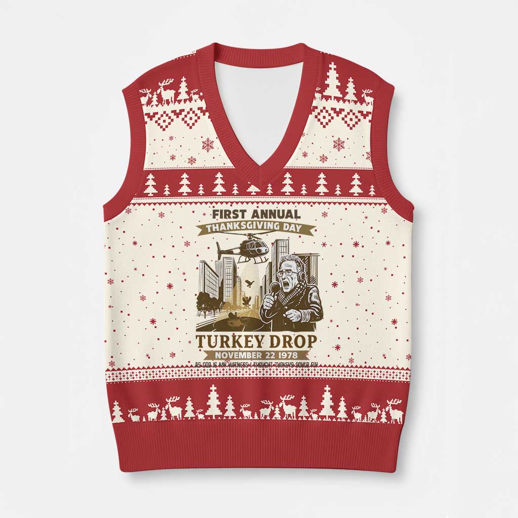 Vintage Thanksgiving Turkey Drop V-Neck Knit Sweater Vest Funny 1978 Helicopter Scene Classic TV Moment - Wonder Print Shop