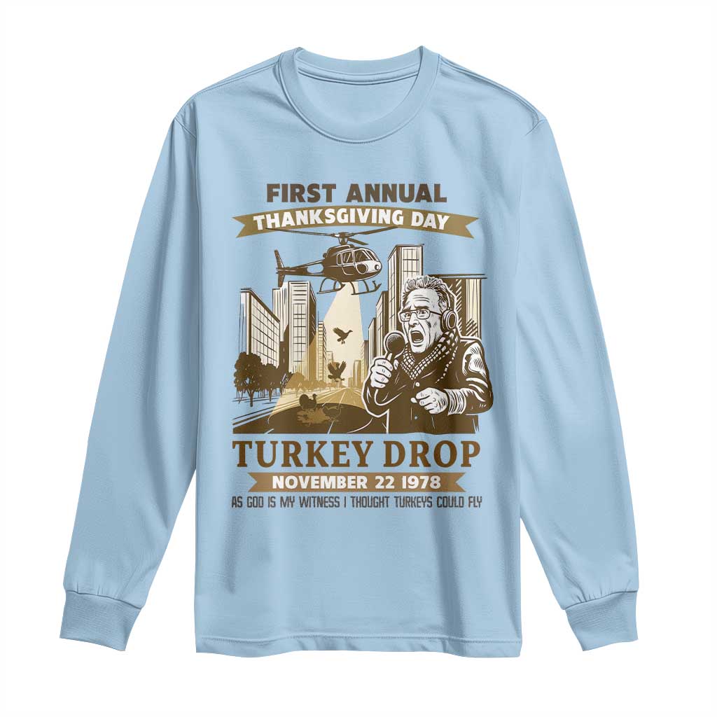Vintage Thanksgiving Turkey Drop Long Sleeve Shirt Funny 1978 Helicopter Scene Classic TV Moment - Wonder Print Shop