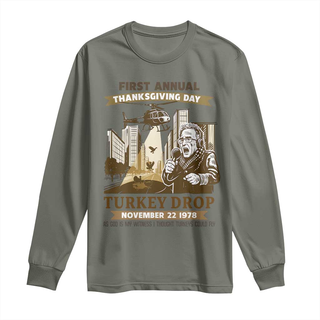 Vintage Thanksgiving Turkey Drop Long Sleeve Shirt Funny 1978 Helicopter Scene Classic TV Moment - Wonder Print Shop