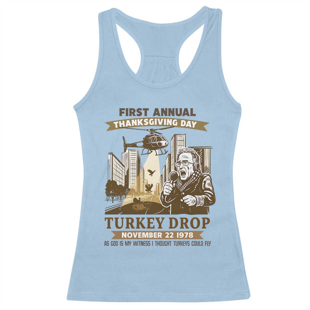 Vintage Thanksgiving Turkey Drop Racerback Tank Top Funny 1978 Helicopter Scene Classic TV Moment - Wonder Print Shop