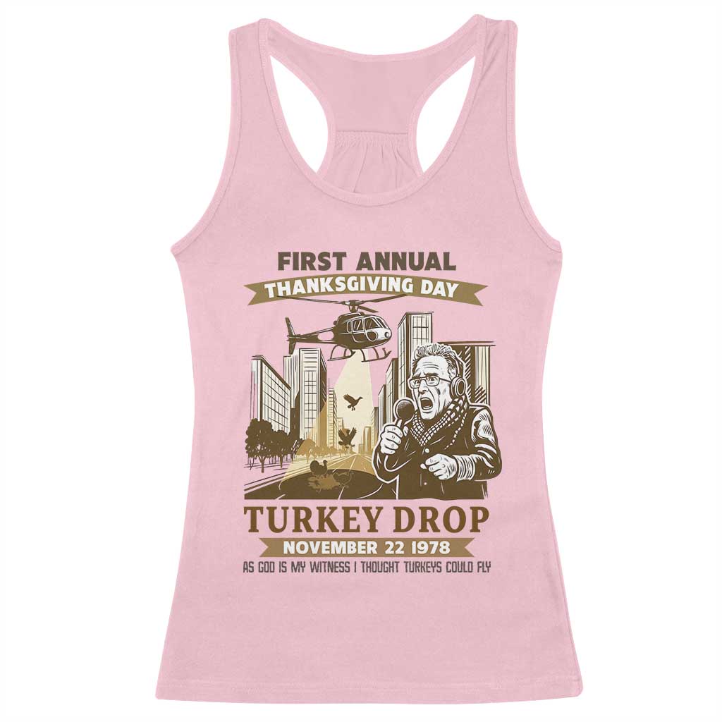 Vintage Thanksgiving Turkey Drop Racerback Tank Top Funny 1978 Helicopter Scene Classic TV Moment - Wonder Print Shop