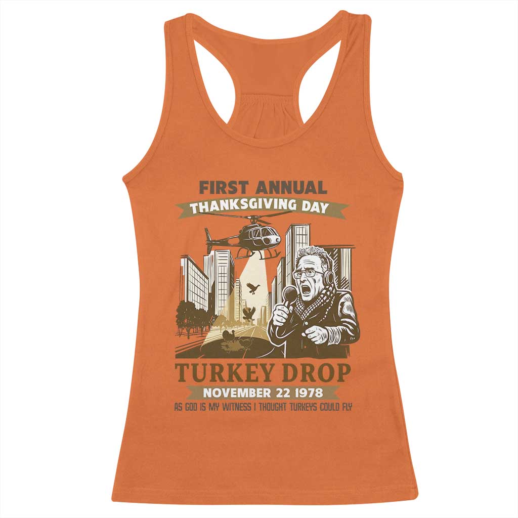 Vintage Thanksgiving Turkey Drop Racerback Tank Top Funny 1978 Helicopter Scene Classic TV Moment - Wonder Print Shop