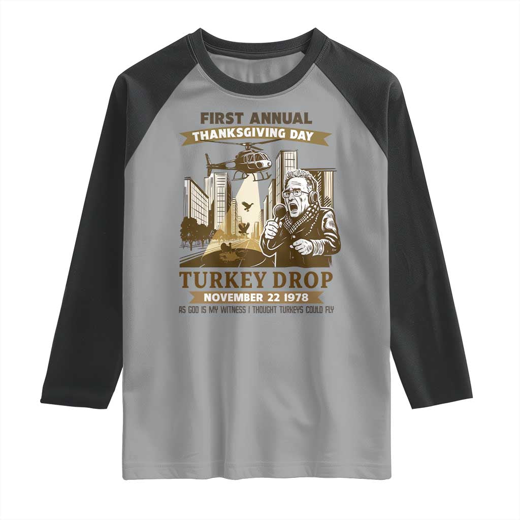 Vintage Thanksgiving Turkey Drop Raglan Shirt Funny 1978 Helicopter Scene Classic TV Moment - Wonder Print Shop