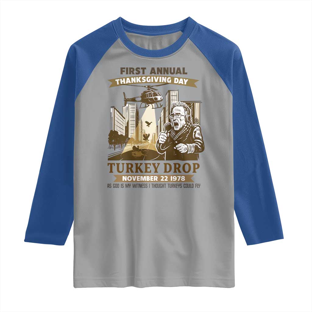 Vintage Thanksgiving Turkey Drop Raglan Shirt Funny 1978 Helicopter Scene Classic TV Moment - Wonder Print Shop
