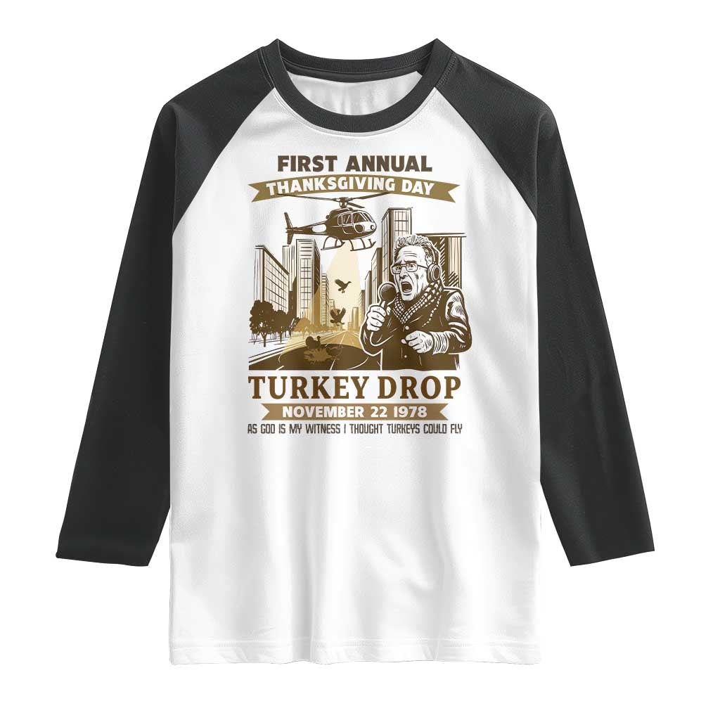 Vintage Thanksgiving Turkey Drop Raglan Shirt Funny 1978 Helicopter Scene Classic TV Moment - Wonder Print Shop