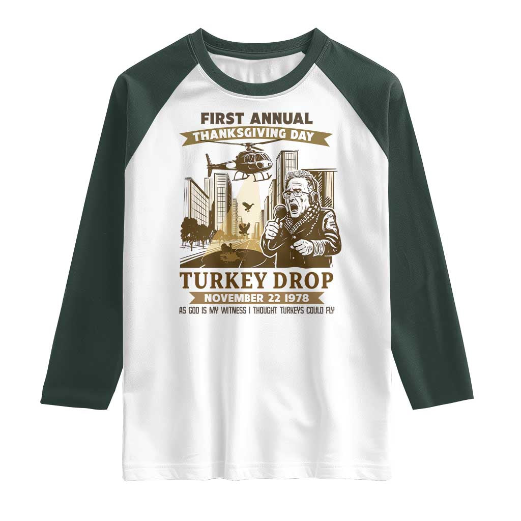 Vintage Thanksgiving Turkey Drop Raglan Shirt Funny 1978 Helicopter Scene Classic TV Moment - Wonder Print Shop