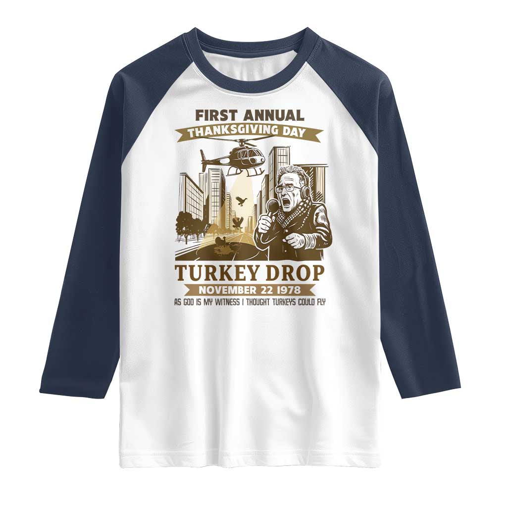 Vintage Thanksgiving Turkey Drop Raglan Shirt Funny 1978 Helicopter Scene Classic TV Moment - Wonder Print Shop