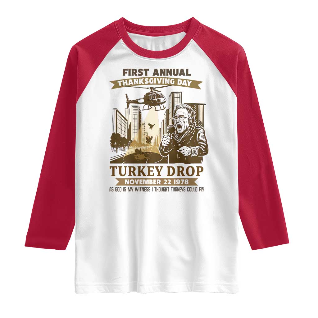Vintage Thanksgiving Turkey Drop Raglan Shirt Funny 1978 Helicopter Scene Classic TV Moment - Wonder Print Shop