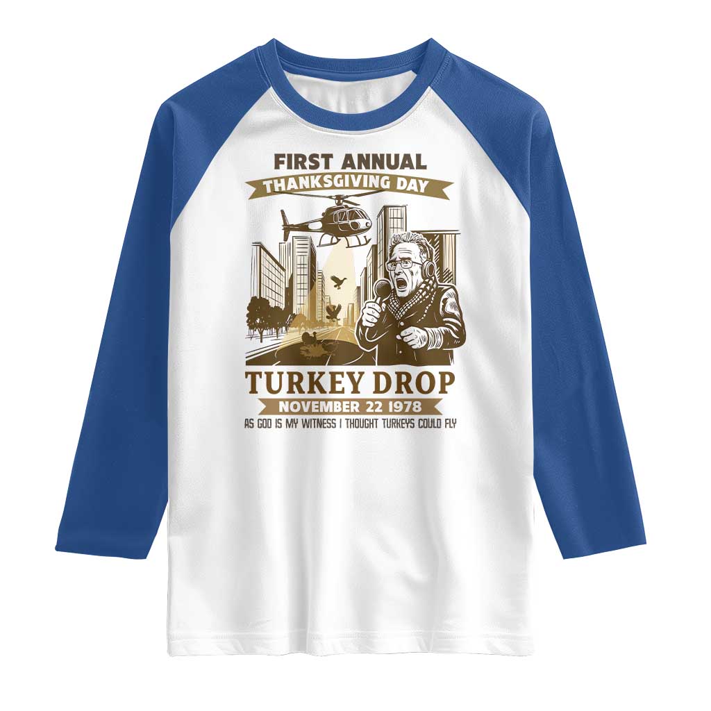 Vintage Thanksgiving Turkey Drop Raglan Shirt Funny 1978 Helicopter Scene Classic TV Moment - Wonder Print Shop