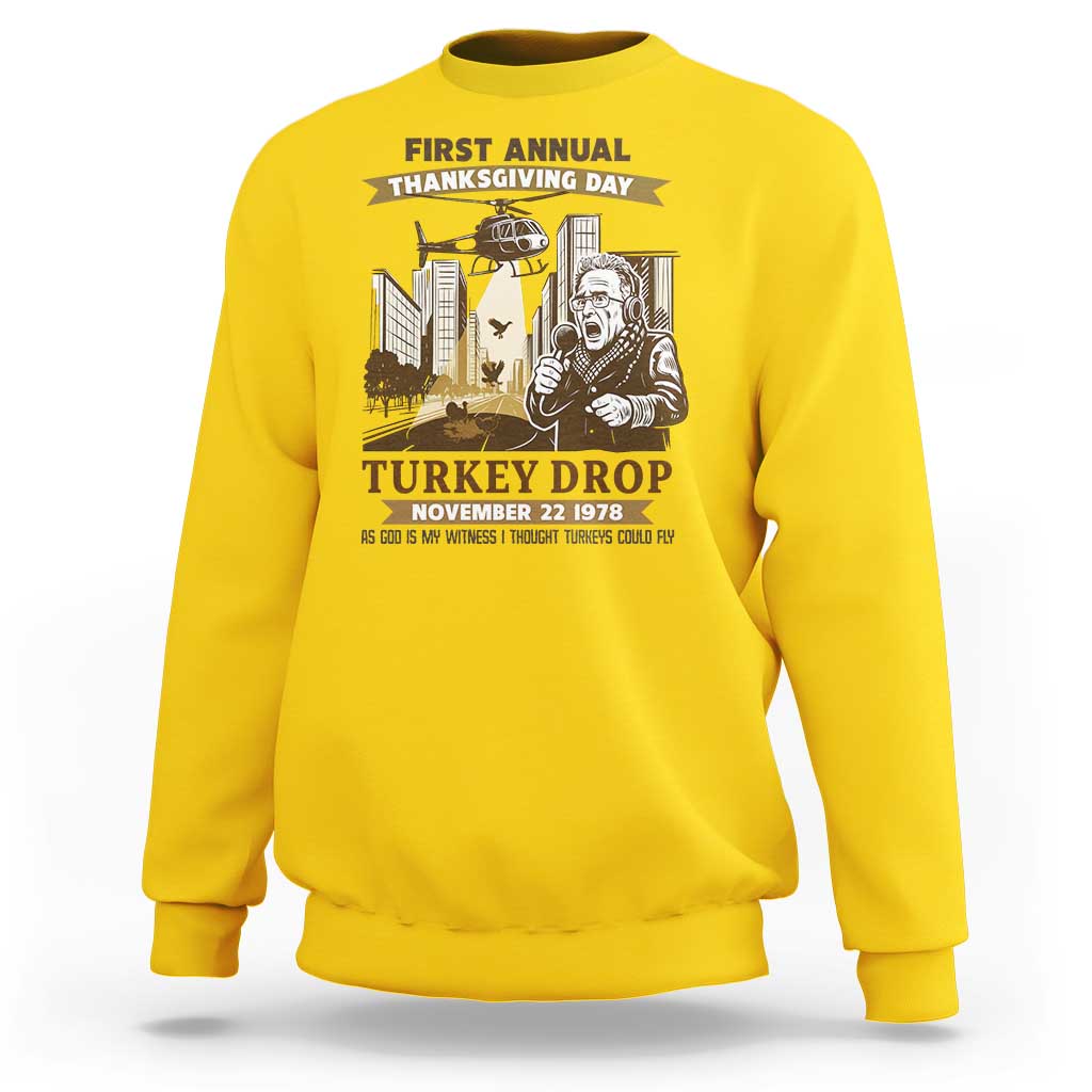 Vintage Thanksgiving Turkey Drop Sweatshirt Funny 1978 Helicopter Scene Classic TV Moment - Wonder Print Shop
