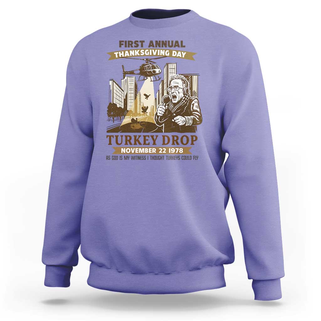 Vintage Thanksgiving Turkey Drop Sweatshirt Funny 1978 Helicopter Scene Classic TV Moment - Wonder Print Shop