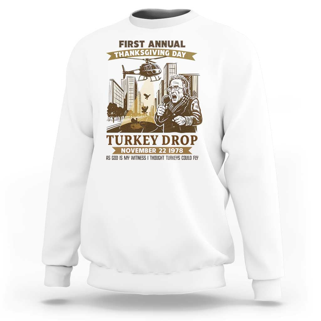 Vintage Thanksgiving Turkey Drop Sweatshirt Funny 1978 Helicopter Scene Classic TV Moment - Wonder Print Shop