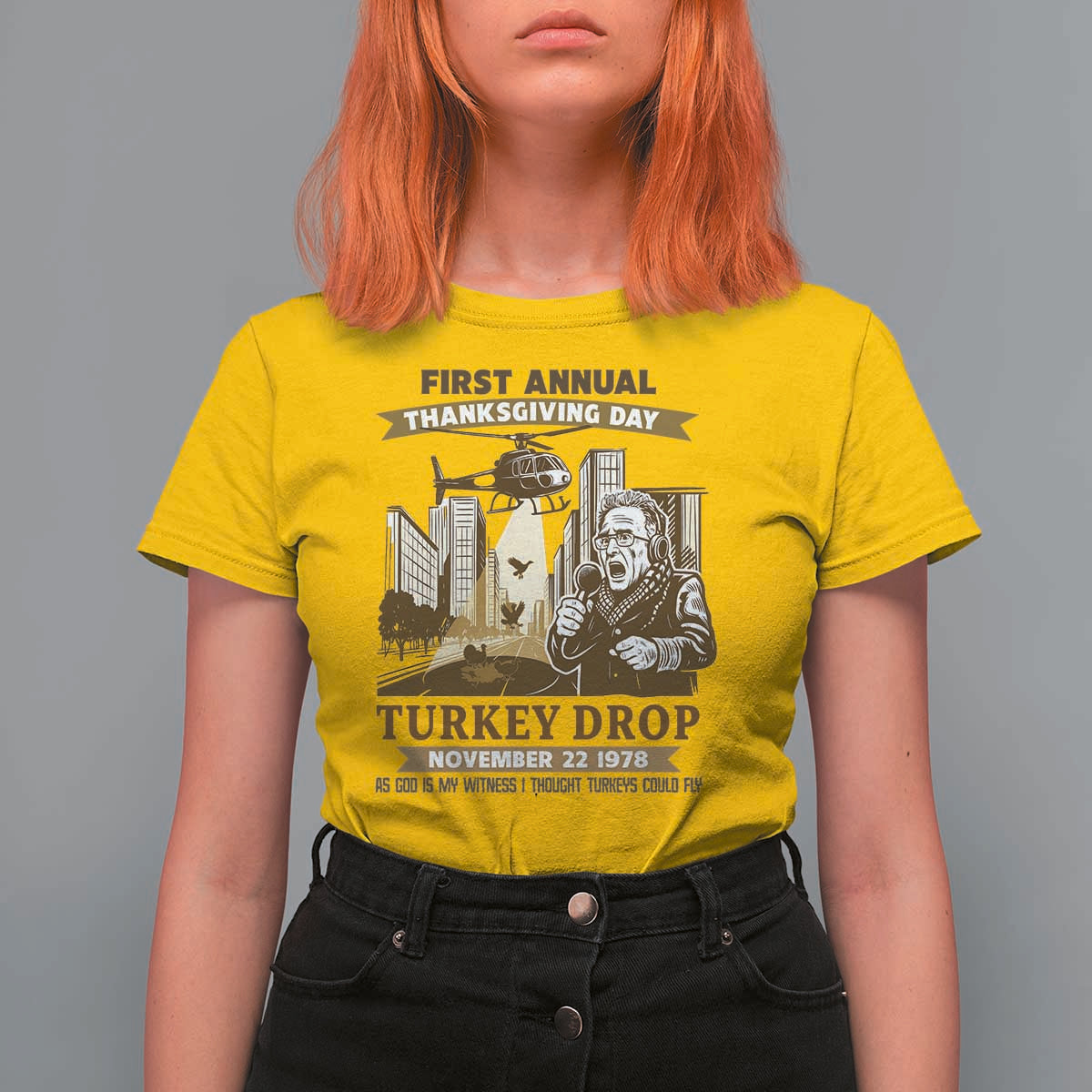 Vintage Thanksgiving Turkey Drop T Shirt For Women Funny 1978 Helicopter Scene Classic TV Moment - Wonder Print Shop