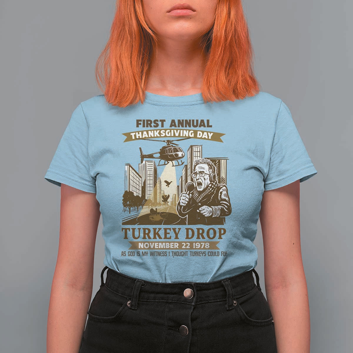 Vintage Thanksgiving Turkey Drop T Shirt For Women Funny 1978 Helicopter Scene Classic TV Moment - Wonder Print Shop