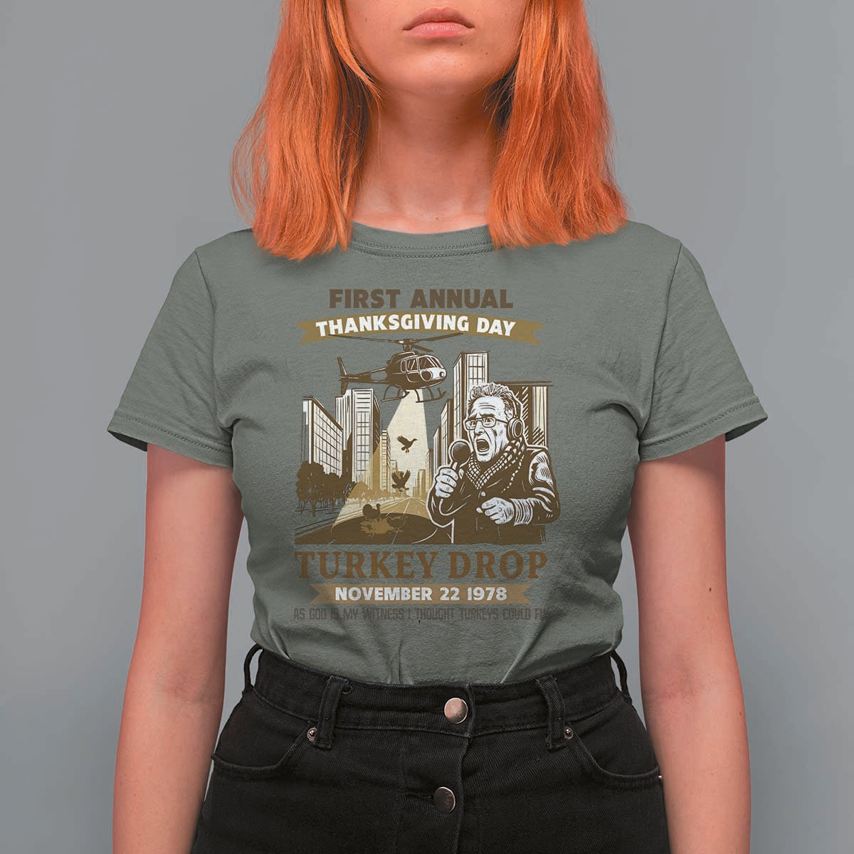 Vintage Thanksgiving Turkey Drop T Shirt For Women Funny 1978 Helicopter Scene Classic TV Moment - Wonder Print Shop