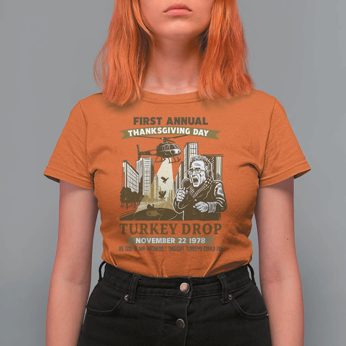 Vintage Thanksgiving Turkey Drop T Shirt For Women Funny 1978 Helicopter Scene Classic TV Moment - Wonder Print Shop