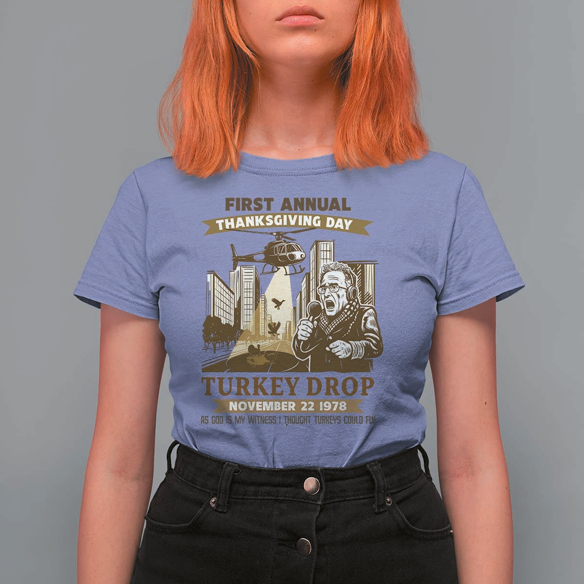 Vintage Thanksgiving Turkey Drop T Shirt For Women Funny 1978 Helicopter Scene Classic TV Moment - Wonder Print Shop