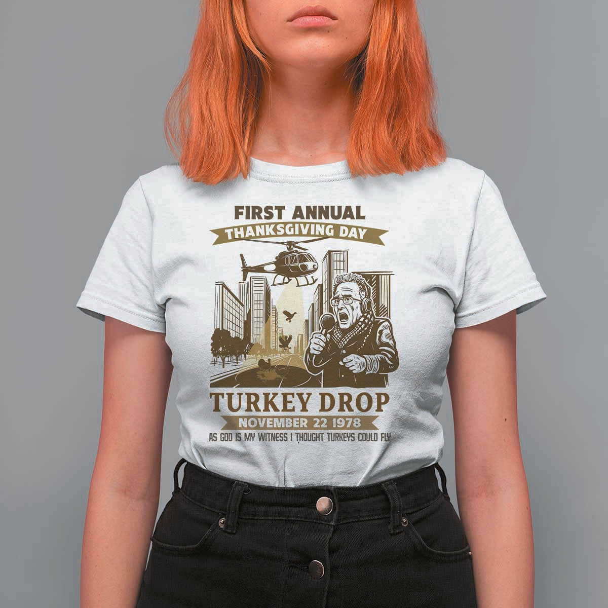 Vintage Thanksgiving Turkey Drop T Shirt For Women Funny 1978 Helicopter Scene Classic TV Moment - Wonder Print Shop