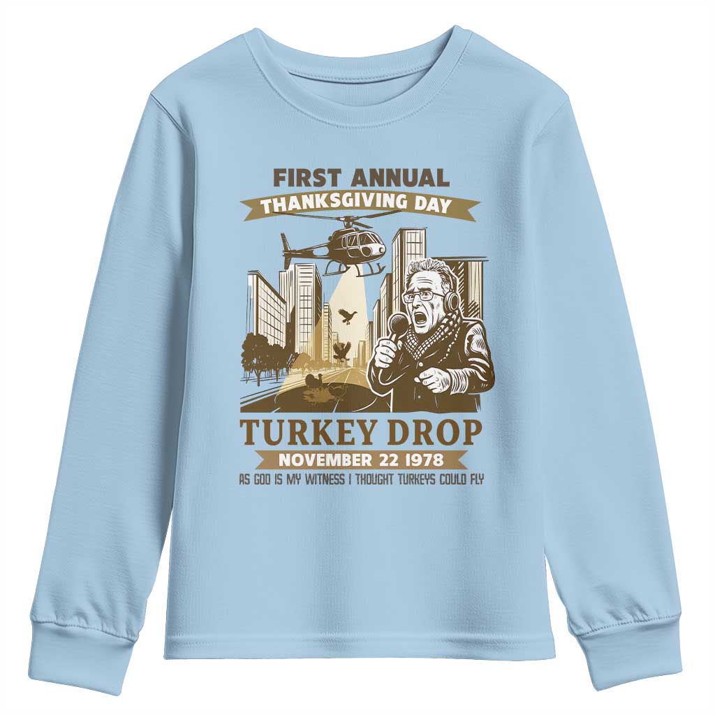 Vintage Thanksgiving Turkey Drop Youth Sweatshirt Funny 1978 Helicopter Scene Classic TV Moment - Wonder Print Shop