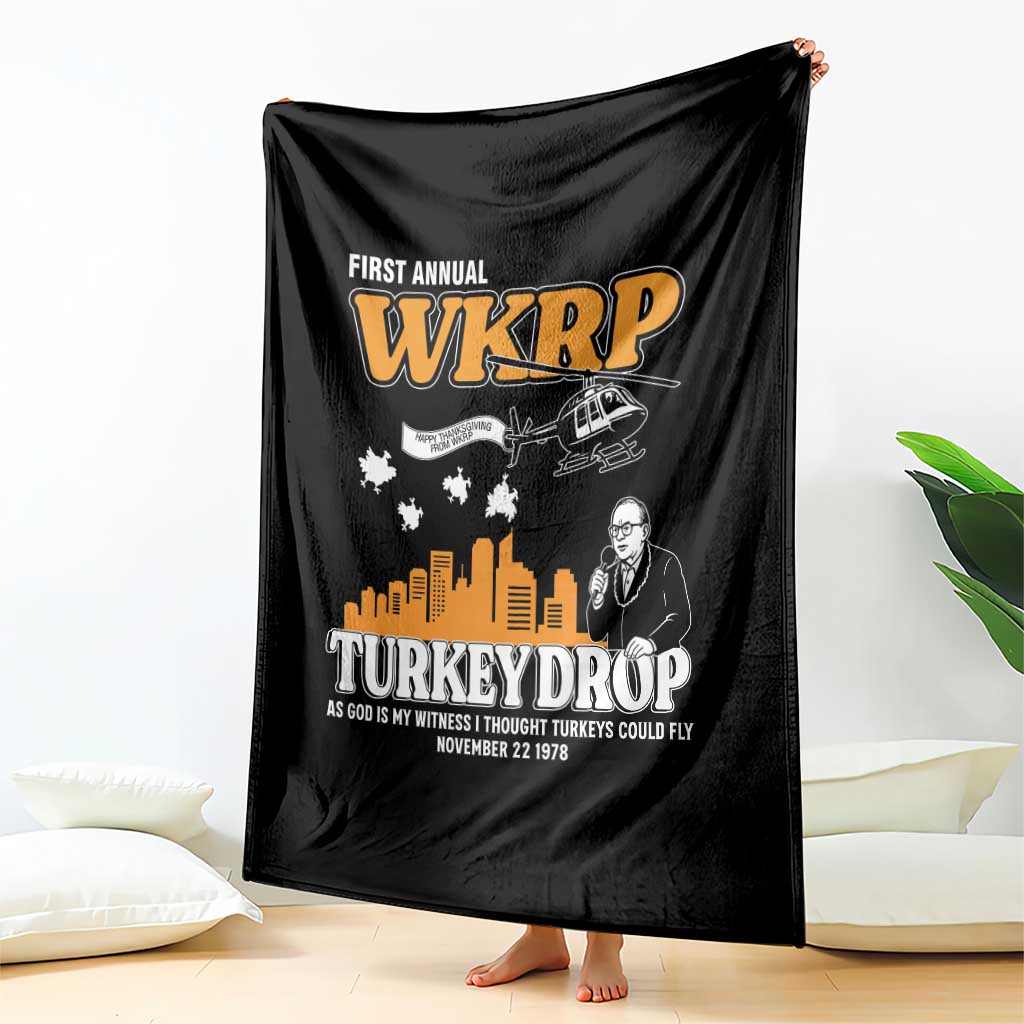 WKRP Turkey Drop with Les Nessman Throw Blanket Retro Thanksgiving Humor for Classic TV Fans - Wonder Print Shop