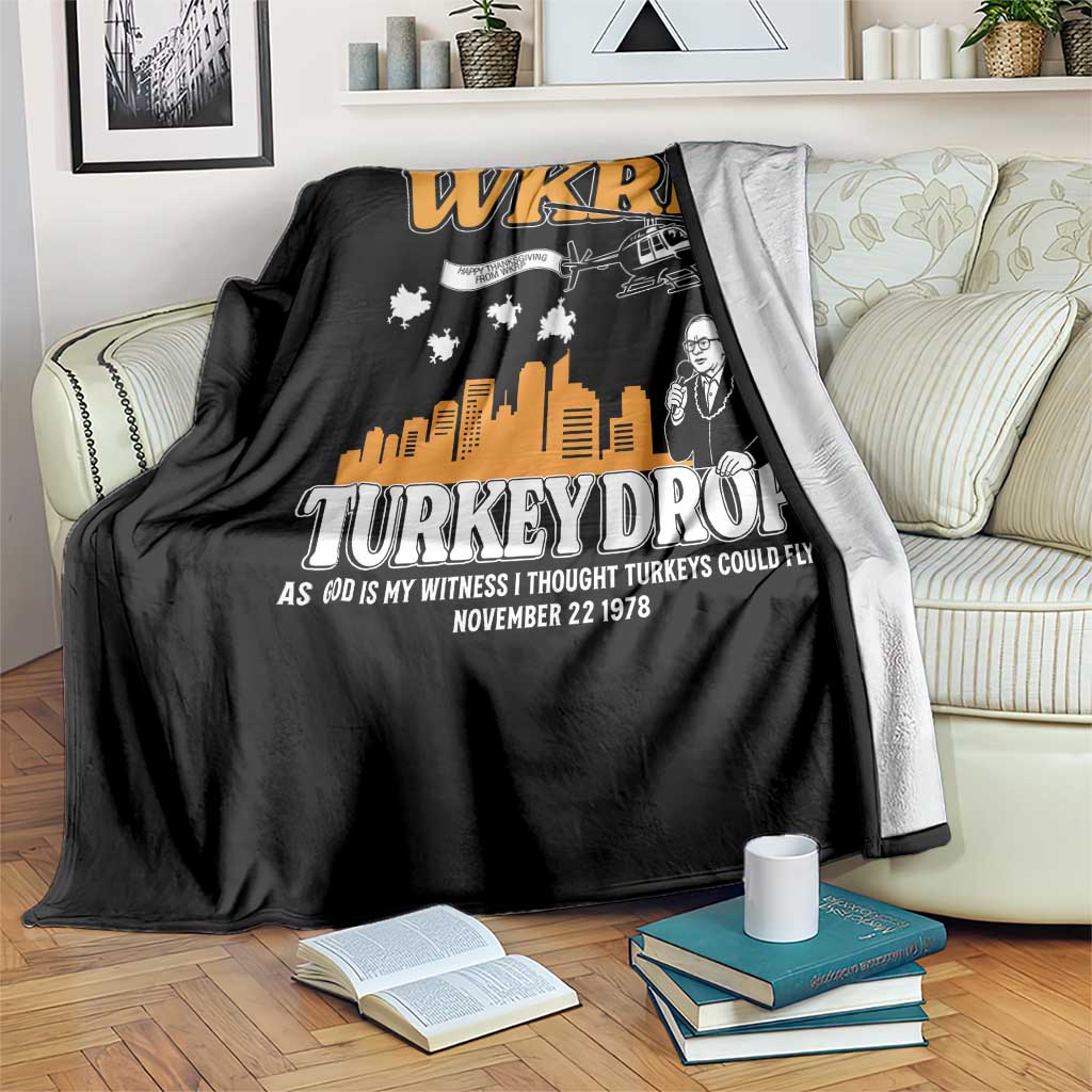 WKRP Turkey Drop with Les Nessman Throw Blanket Retro Thanksgiving Humor for Classic TV Fans - Wonder Print Shop
