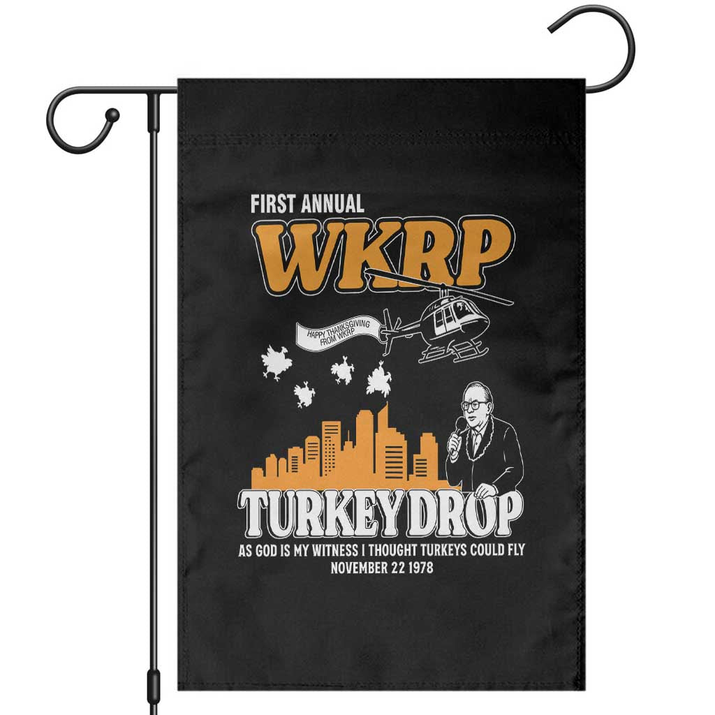 WKRP Turkey Drop with Les Nessman Garden Flag Retro Thanksgiving Humor for Classic TV Fans - Wonder Print Shop