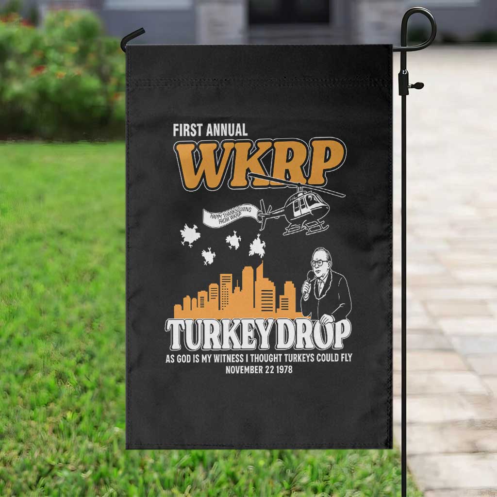 WKRP Turkey Drop with Les Nessman Garden Flag Retro Thanksgiving Humor for Classic TV Fans - Wonder Print Shop