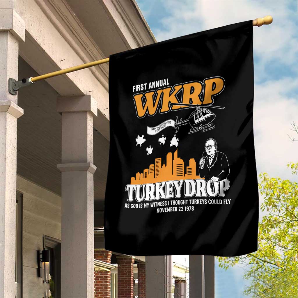WKRP Turkey Drop with Les Nessman Garden Flag Retro Thanksgiving Humor for Classic TV Fans - Wonder Print Shop