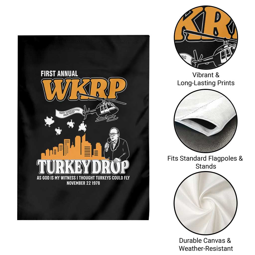 WKRP Turkey Drop with Les Nessman Garden Flag Retro Thanksgiving Humor for Classic TV Fans - Wonder Print Shop