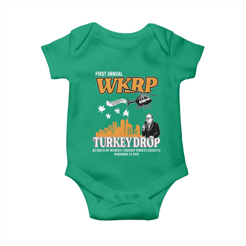 WKRP Turkey Drop with Les Nessman Baby Onesie Retro Thanksgiving Humor for Classic TV Fans - Wonder Print Shop