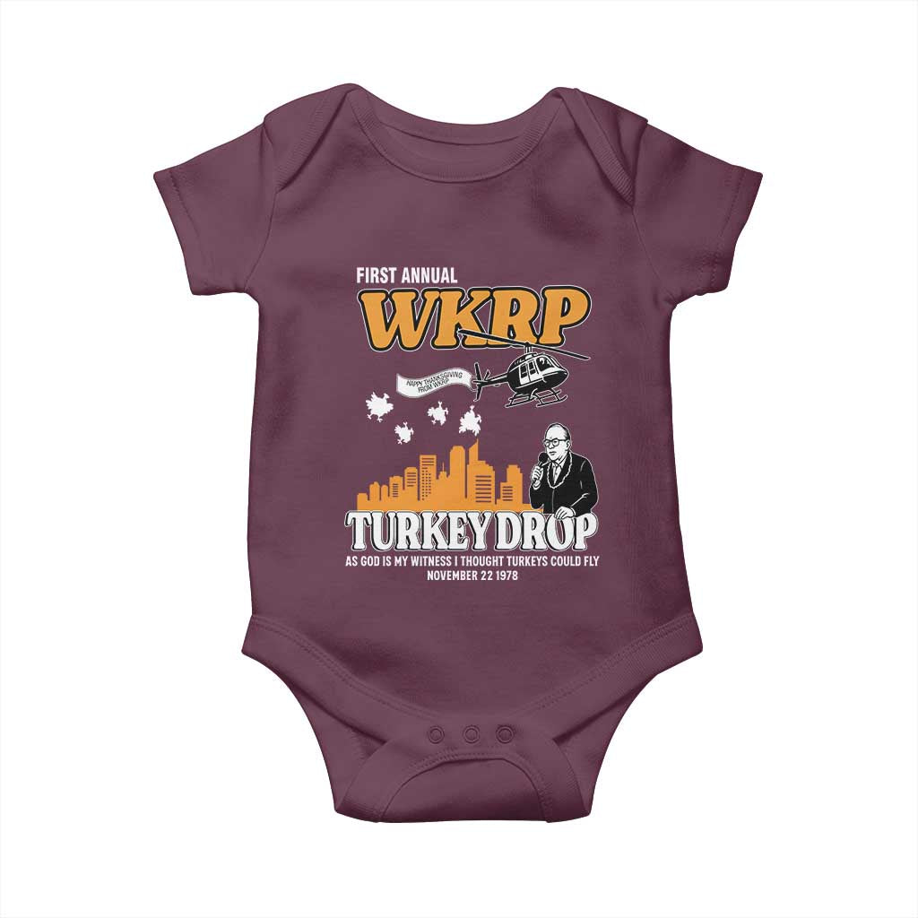 WKRP Turkey Drop with Les Nessman Baby Onesie Retro Thanksgiving Humor for Classic TV Fans - Wonder Print Shop
