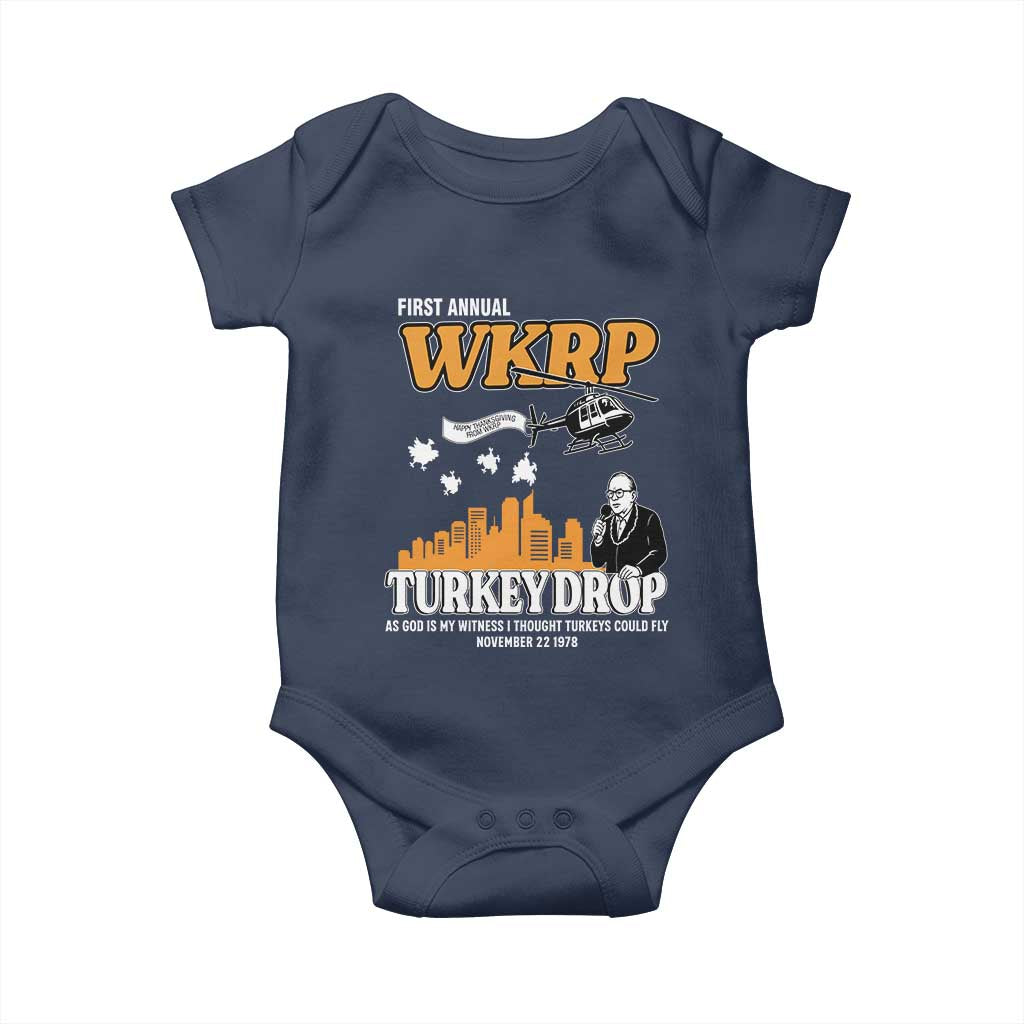 WKRP Turkey Drop with Les Nessman Baby Onesie Retro Thanksgiving Humor for Classic TV Fans - Wonder Print Shop