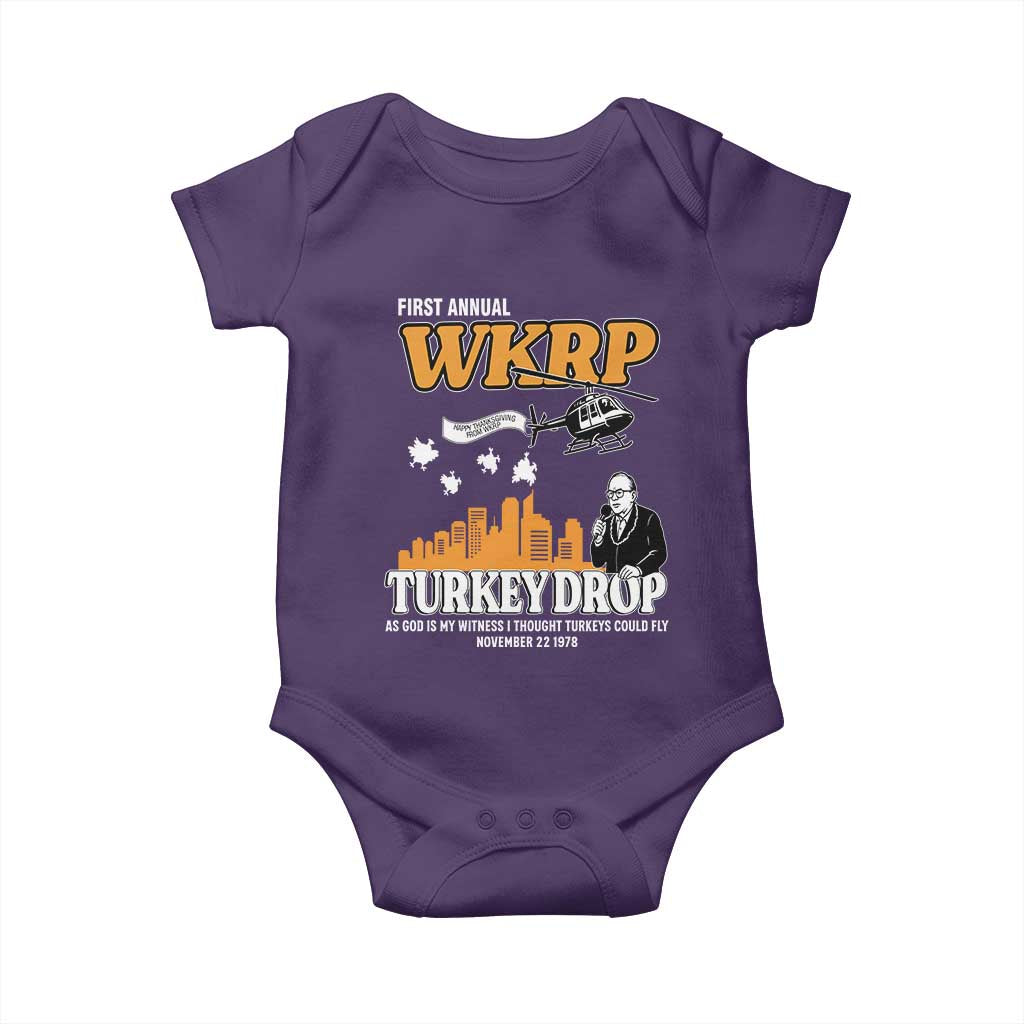 WKRP Turkey Drop with Les Nessman Baby Onesie Retro Thanksgiving Humor for Classic TV Fans - Wonder Print Shop