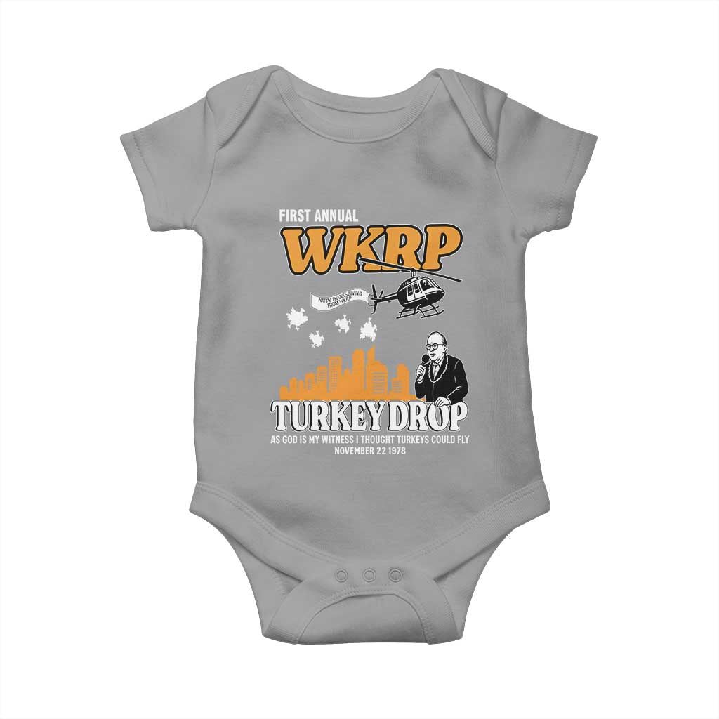 WKRP Turkey Drop with Les Nessman Baby Onesie Retro Thanksgiving Humor for Classic TV Fans - Wonder Print Shop