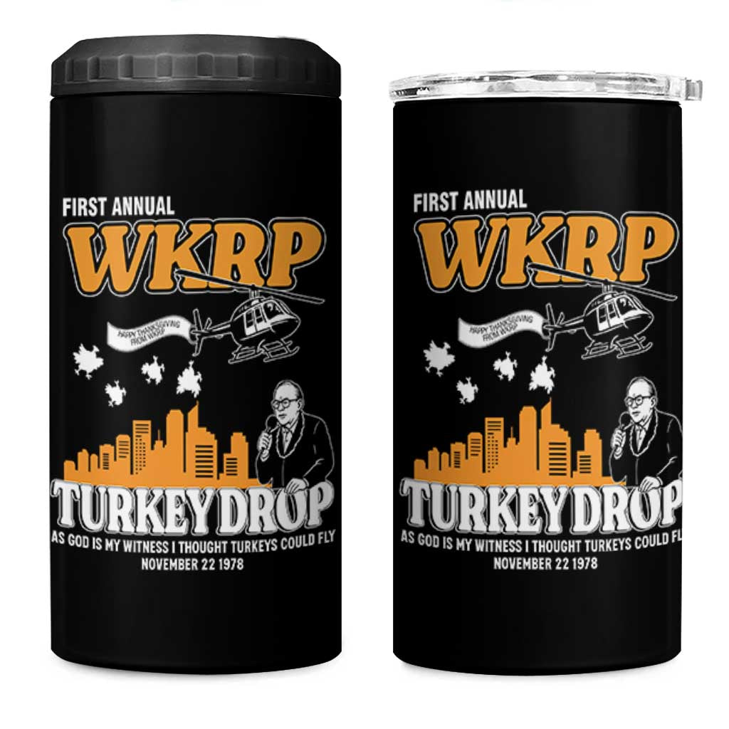 WKRP Turkey Drop with Les Nessman 4 in 1 Can Cooler Tumbler Retro Thanksgiving Humor for Classic TV Fans - Wonder Print Shop