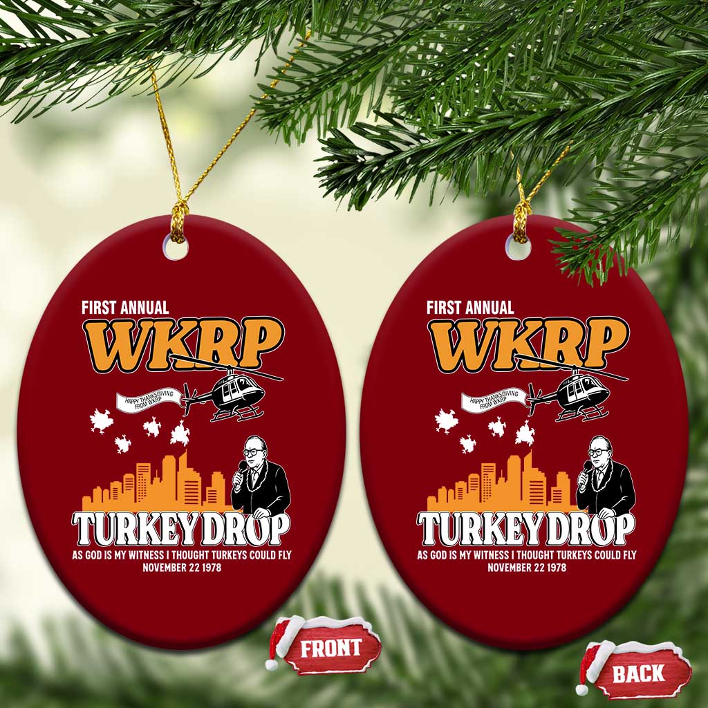 WKRP Turkey Drop with Les Nessman Ceramic Ornament Retro Thanksgiving Humor for Classic TV Fans - Wonder Print Shop
